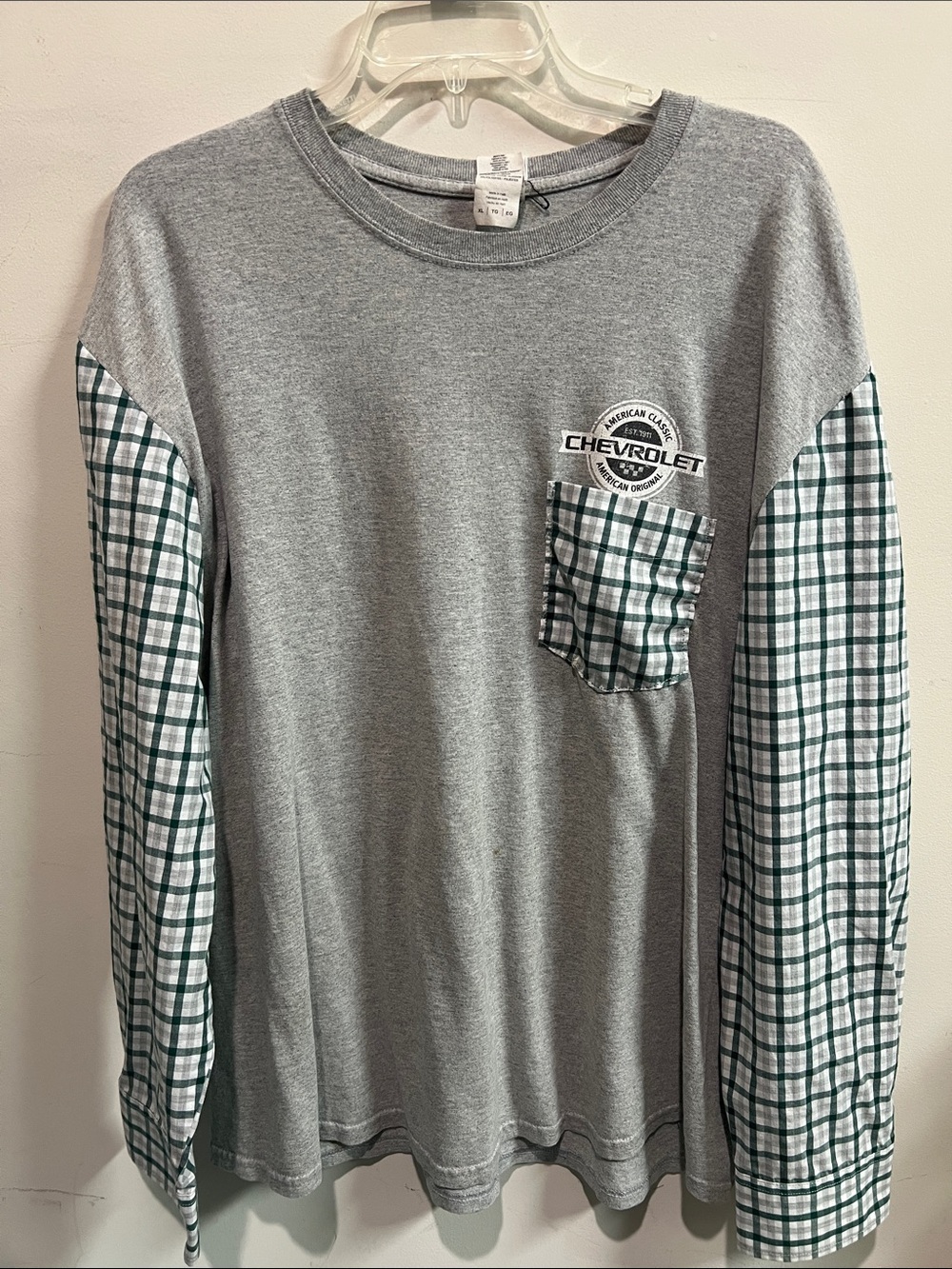 Custom Chevrolet Gray Long Sleeve Pocket Tee with Green Plaid Sleeves